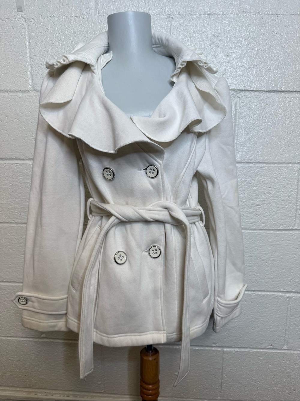Sebby Cream Ruffle-Collar Double-Breasted Pea Coat with Belt